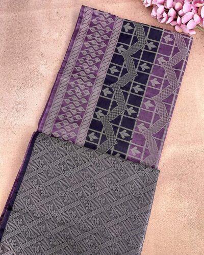 Leafora - Luxury Soft Silk Saree - Lavender Purple - Navy Blue - half open view