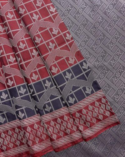 Leafora - Luxury Soft Silk Saree - Maroon - Navy Blue - full open drape