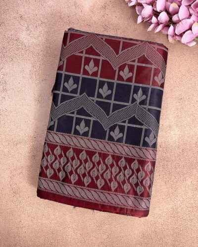 Leafora - Luxury Soft Silk Saree - Maroon - Navy Blue - closed fold
