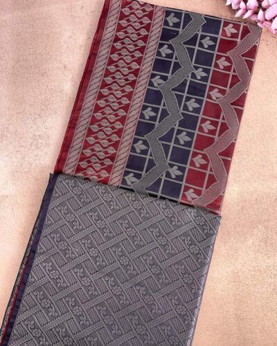 Leafora - Luxury Soft Silk Saree - Maroon - Navy Blue - half open view