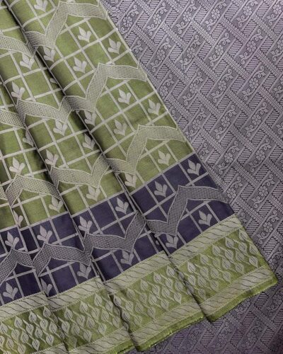 Leafora - Luxury Soft Silk Saree - Olive Green - Navy Blue - full open drape