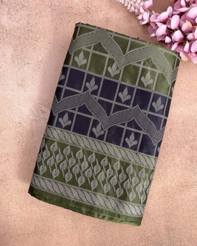 Leafora - Luxury Soft Silk Saree - Olive Green - Navy Blue - closed fold