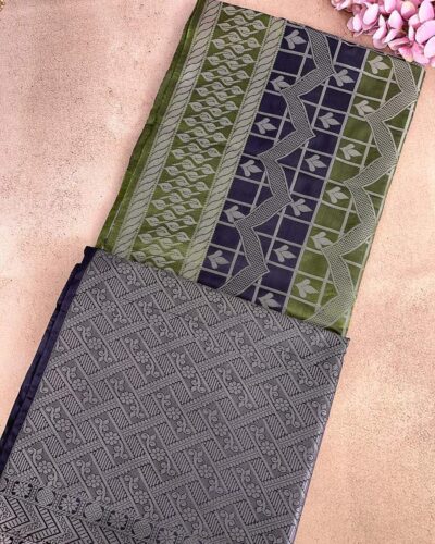 Leafora - Luxury Soft Silk Saree - Olive Green - Navy Blue - half open view
