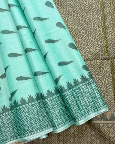 Self Border Tissue Kota Saree - Aqua Green - Olive Green - open drape