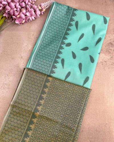 Self Border Tissue Kota Saree - Aqua Green - Olive Green - folded pallu view