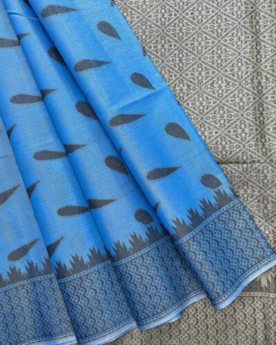 Self Border Tissue Kota Saree - Azure Blue - Silver Grey - open drape