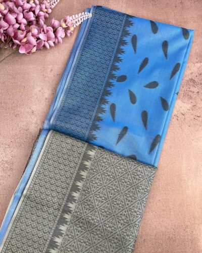Self Border Tissue Kota Saree - Azure Blue - Silver Grey - folded pallu view