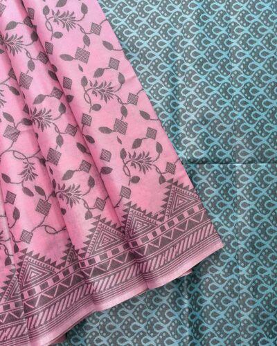 Self Border Tissue Kota Saree - Baby Pink - Steel Blue - open drape