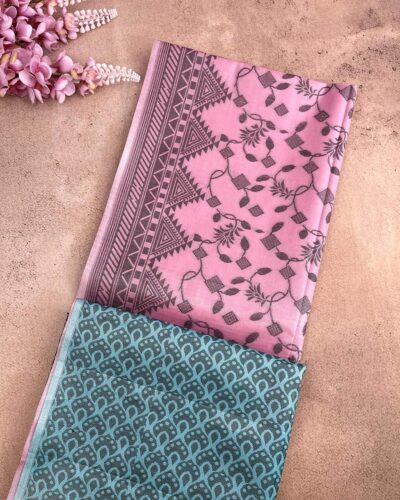 Self Border Tissue Kota Saree - Baby Pink - Steel Blue - folded pallu view