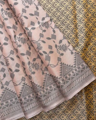 Self Border Tissue Kota Saree - Blush Pink - Mustard Gold - open drape