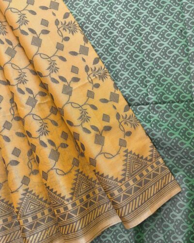 Self Border Tissue Kota Saree - Mango Yellow - Sage Green - open drape