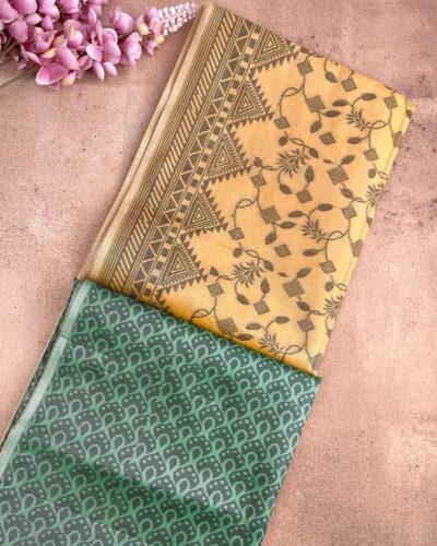 Self Border Tissue Kota Saree - Mango Yellow - Sage Green - folded pallu view
