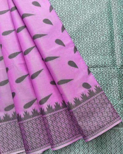 Self Border Tissue Kota Saree - Orchid Purple - Sea Green - open drape