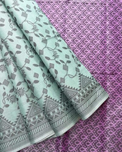 Self Border Tissue Kota Saree - Pastel Mint - Purple - open drape