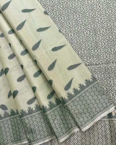 Self Border Tissue Kota Saree - Pastel Sage - Ash Grey - open drape