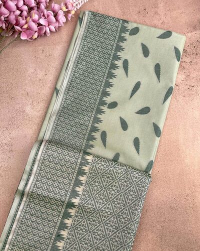 Self Border Tissue Kota Saree - Pastel Sage - Ash Grey - folded pallu view