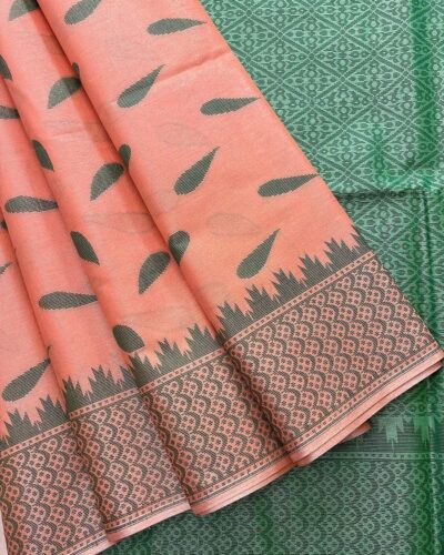 Self Border Tissue Kota Saree - Peach Coral - Bottle Green - open drape