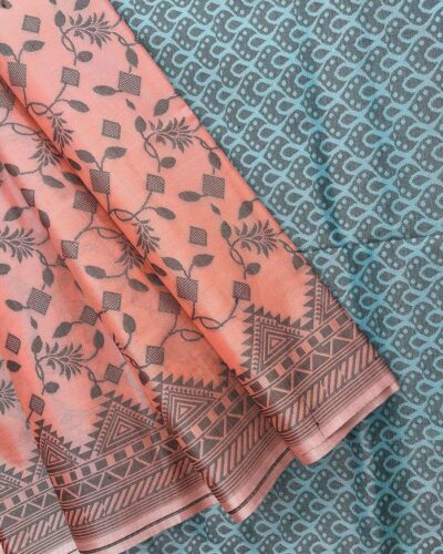 Self Border Tissue Kota Saree - Peach - Steel Blue - open drape