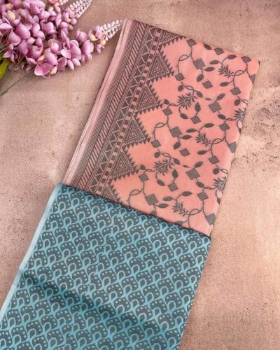 Self Border Tissue Kota Saree - Peach - Steel Blue - folded pallu view
