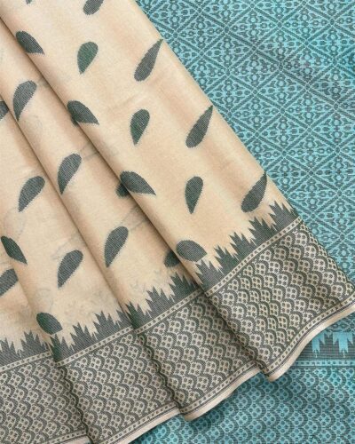 Self Border Tissue Kota Saree - Sandal Beige - Teal Blue - open drape