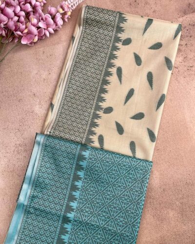 Self Border Tissue Kota Saree - Sandal Beige - Teal Blue - folded pallu view