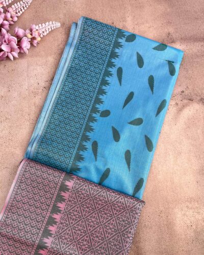 Self Border Tissue Kota Saree - Sky Blue - Onion Pink - folded pallu view