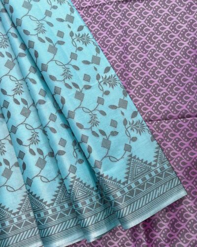 Self Border Tissue Kota Saree - Sky Blue - Purple - open drape