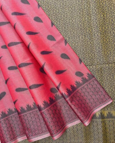 Self Border Tissue Kota Saree - Watermelon Pink - Olive Green - open drape