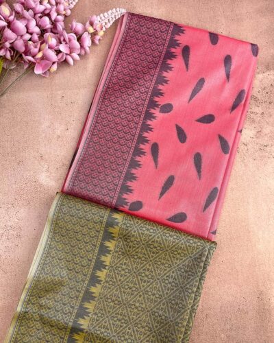 Self Border Tissue Kota Saree - Watermelon Pink - Olive Green - folded pallu view