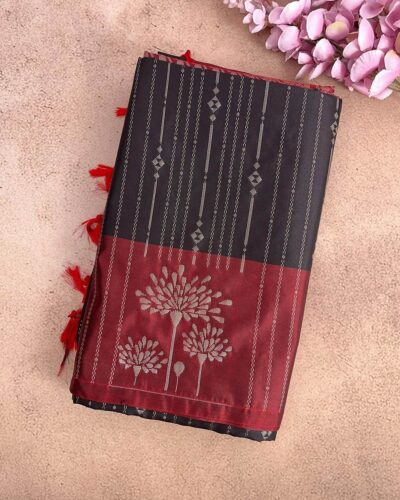 Vairamugil - Luxury Soft Silk Saree - Charcoal Black - Maroon - closed fold