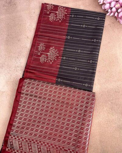 Vairamugil - Luxury Soft Silk Saree - Charcoal Black - Maroon - half open view