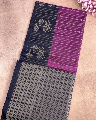 Vairamugil - Luxury Soft Silk Saree - Magenta - Navy Blue - half open view