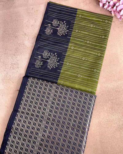 Vairamugil - Luxury Soft Silk Saree - Mehendi Green - Navy Blue - half open view