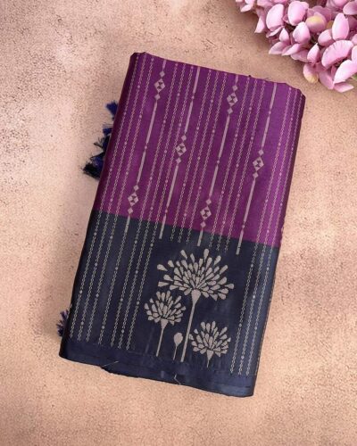 Vairamugil - Luxury Soft Silk Saree - Plum Purple - Navy Blue - closed fold
