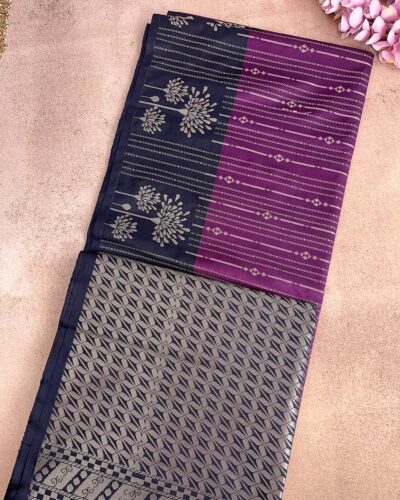 Vairamugil - Luxury Soft Silk Saree - Plum Purple - Navy Blue - half open view